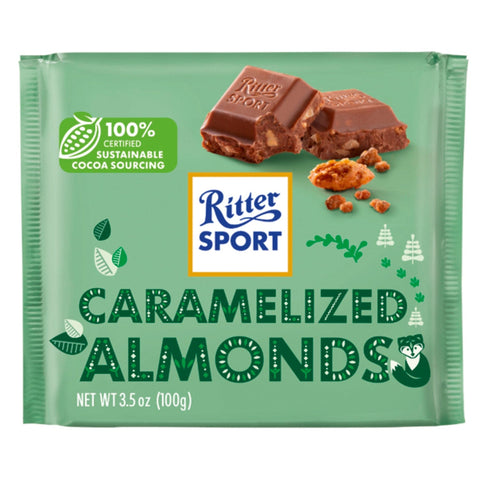 Ritter Sport milk chocolate bar with caramelized almonds, featuring the Jag Couture London - New York branding.