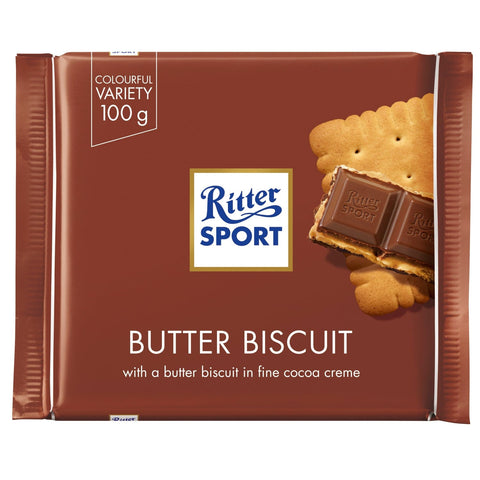 Jag Couture London-New York Ritter Sport milk chocolate covered butter biscuit bar, close-up of the chocolate-coated biscuit snack.