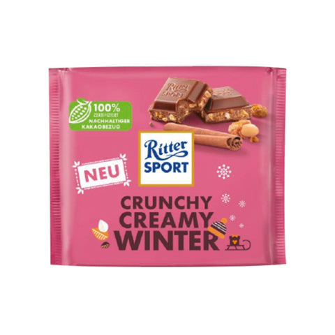 Jag Couture London-New York Ritter Sport milk chocolate Winter bar with crunchy and creamy textures, displayed in the image.