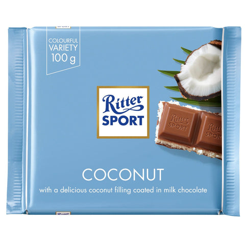 Ritter Sport milk chocolate with coconut bar by Jag Couture London - New York, showing the chocolate bar with coconut pieces.