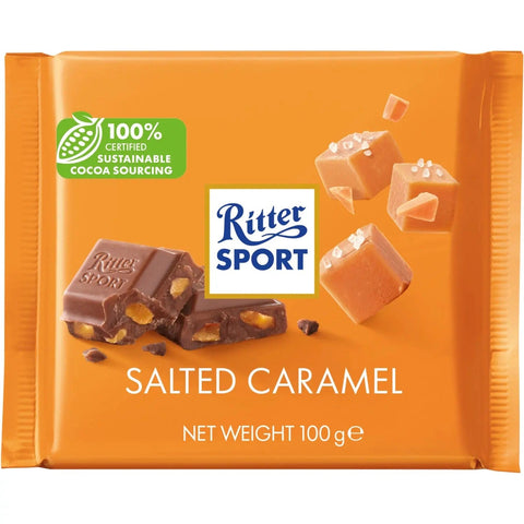 Jag Couture London New York Ritter Sport milk chocolate with salted caramel bar, showing the chocolate bar with caramel filling.