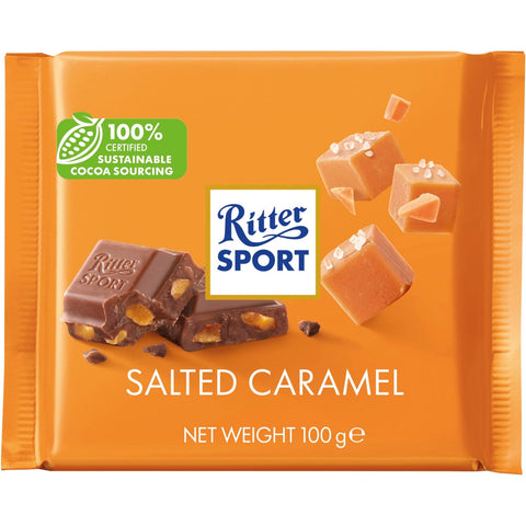 Jag Couture London-New York Ritter Sport milk chocolate with salted caramel bar, showcasing the chocolate bar with caramel filling.