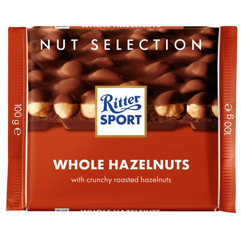 Ritter Sport milk chocolate bar with whole hazelnuts, featuring a smooth milk chocolate coating and crunchy hazelnut pieces inside.