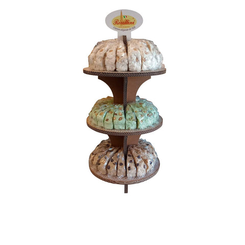 Jag Couture London Rivoltini counter stand with three cakes, showcasing elegant display for bakery or dessert presentation.