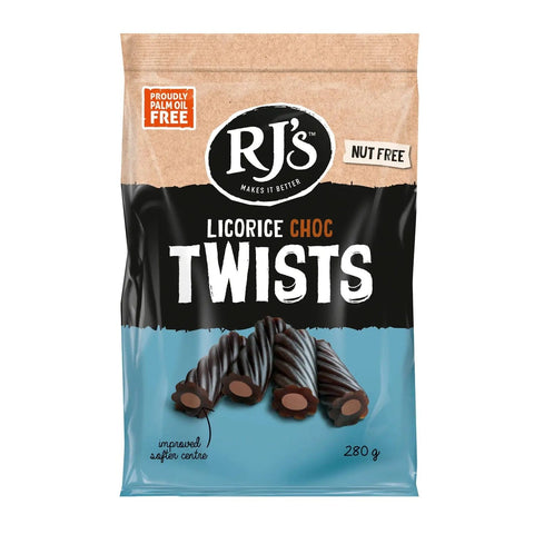 Jag Couture London New York RJ's licorice chocolate-filled twists in a bag, showing the twisted candy with glossy chocolate and licorice filling.