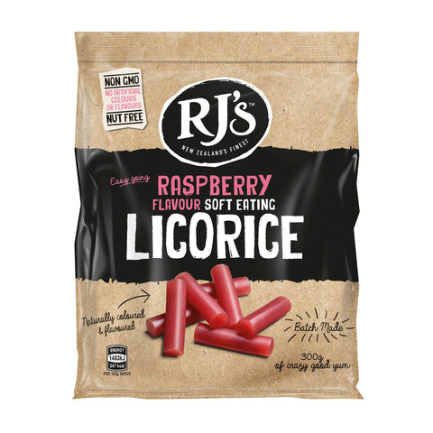 RJ's raspberry soft eating licorice bags by Jag Couture London - New York, showcasing colorful soft licorice treats in a clear bag.