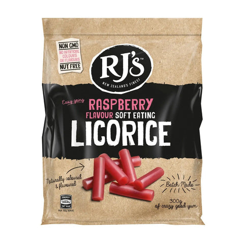 RJ's raspberry soft eating licorice bags by Jag Couture London New York, featuring vibrant raspberry-flavored soft licorice in a colorful bag.