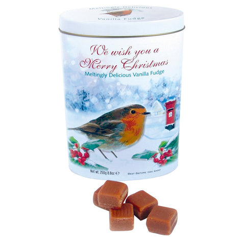 Robin Christmas tin of vanilla fudge by Jag Couture London - New York, featuring a festive tin with vanilla fudge inside.