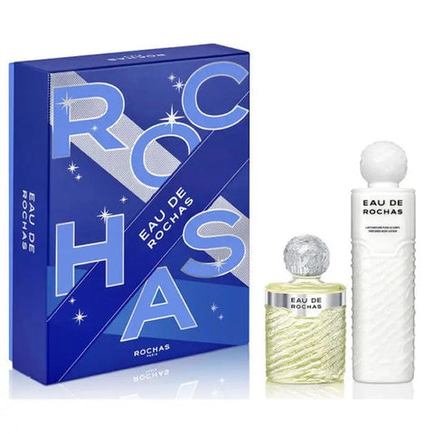 Two bottles of Rochas Eau Rochas Eau de Toilette spray, 220ml set, displayed with elegant packaging and floral accents.