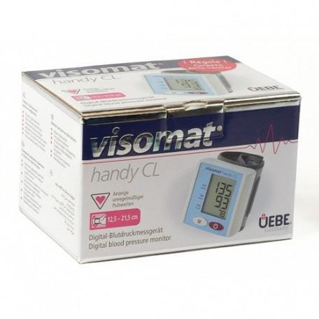 Digital wrist blood pressure monitor by Roche Diagnostic Visomat, compact design, with cuff and display screen.
