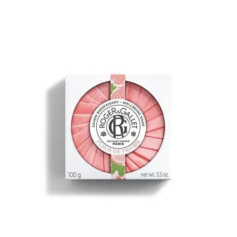 Roger & Gallet Fleur De Figuier scented soap in 100g featuring floral and fig leaf design, perfect for luxurious hand and body cleansing.