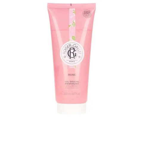Roger & Gallet Rose Gel Douche Apaisant in 200ml bottle, soothing shower gel with rose scent, displayed in a clear bottle.
