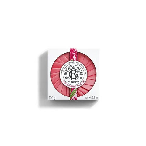 Roger & Gallet Gingembre Rouge scented soap bar with red packaging, showcasing the elegant design and branding.