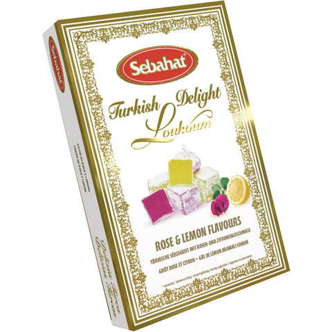 Turkish delight with rose and lemon flavors in a gift box by Jag Couture London New York, displayed with colorful pieces inside.