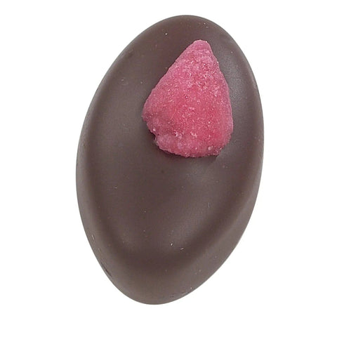 Dark chocolate enrobed rose fondant cream from Jag Couture London with a rose-flavored piece, 10g.