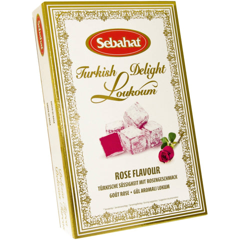 Rose Turkish delight by Jag Couture London in a decorative gift box, showcasing soft pink rose-flavored confections.