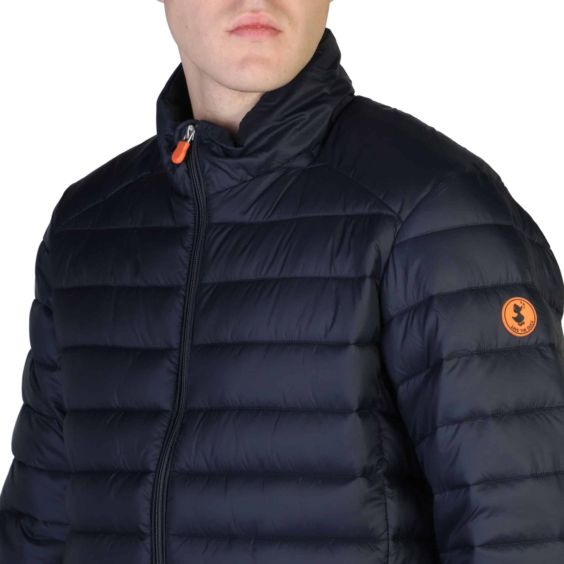 Blue Save The Duck Alexander winter jacket by Jag Couture London New York, featuring a puffy, insulated design.
