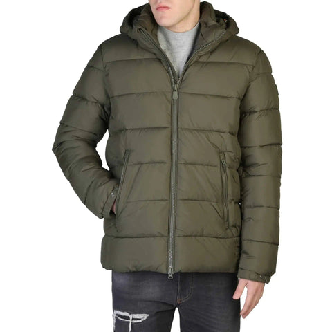 Green Save The Duck Boris D35560M winter jacket by Jag Couture London New York, with quilted design and hood.