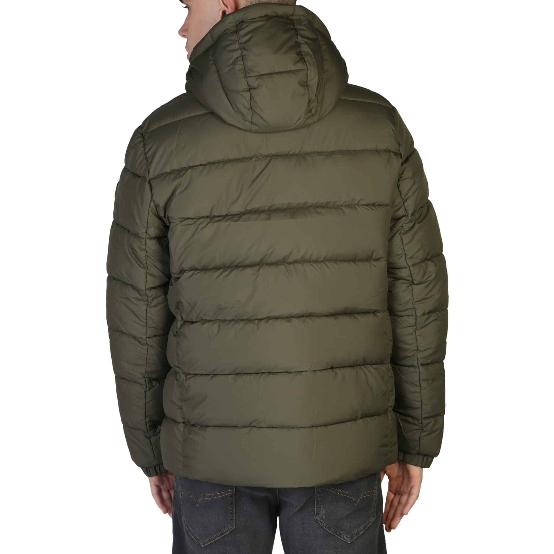 Green Save The Duck Boris D35560M winter jacket by Jag Couture London New York, with quilted design and hood.