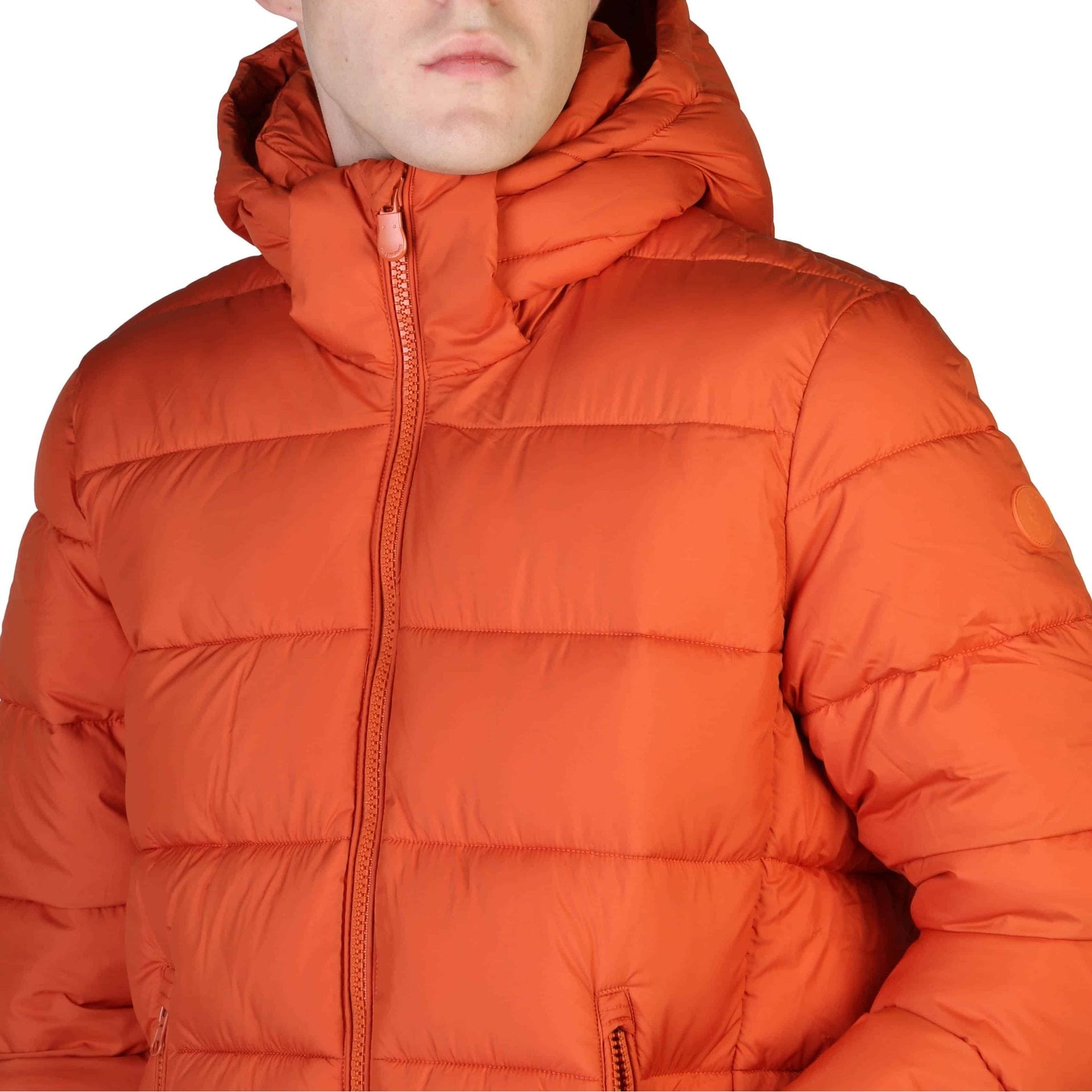 Orange Save The Duck Boris lightweight down jacket by Jag Couture London New York, shown on a hanger.