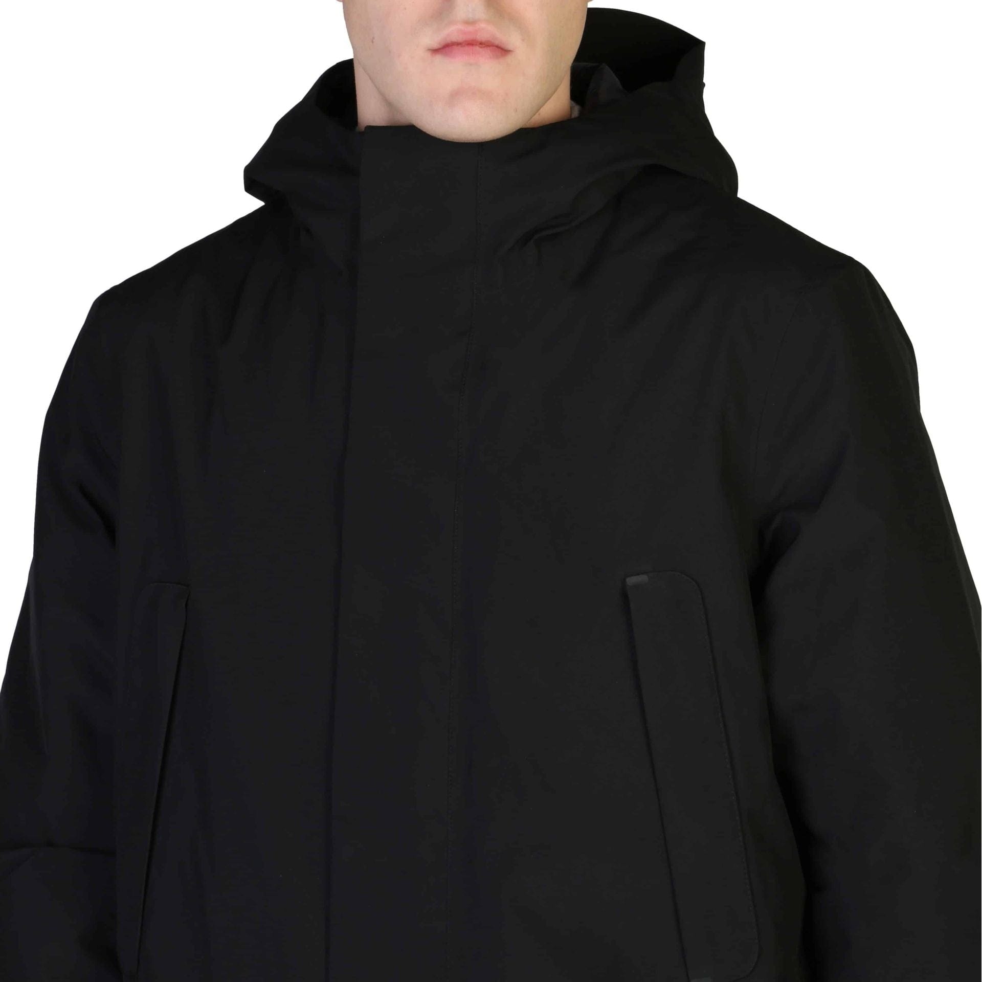 Black Save The Duck YOTAM-D40772M down-filled jacket by Jag Couture London New York, shown on a model.