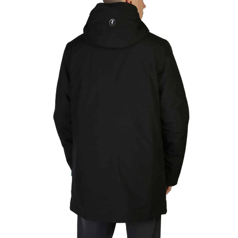Black Save The Duck YOTAM-D40772M down jacket by Jag Couture London New York, shown on a hanger.