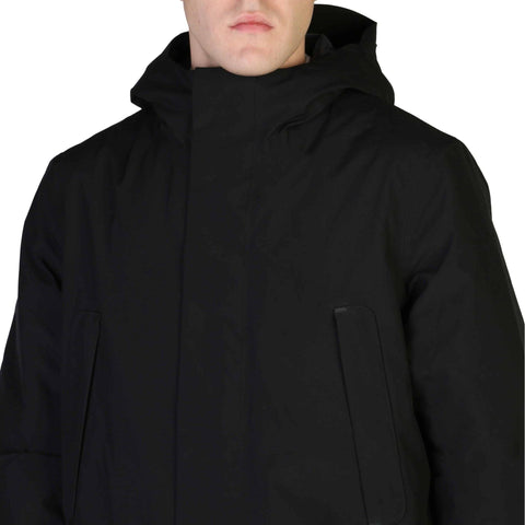 Save The Duck YOTAM-D40772M black down jacket from Jag Couture London-New York, shown on a hanger with a close-up of the fabric.