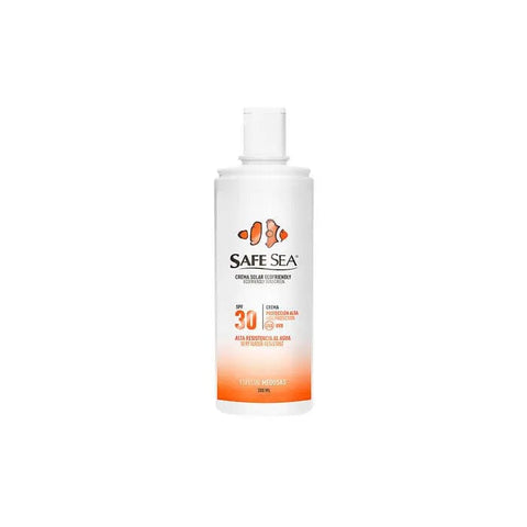 Jag Couture London Safe Sea Sunscreen Ecofriendly Body SPF30 spray in 200ml bottle, shown outdoors with sunshine and natural setting.