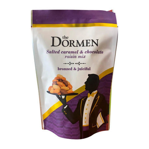 Salted caramel and chocolate raisin mix in a pouch by Jag Couture London - New York, showing a close-up of the snack blend.