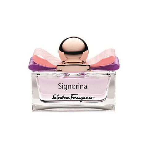 Salvatore Ferragamo Signorina Eau de Toilette spray 100ml bottle with elegant floral design and silver cap.