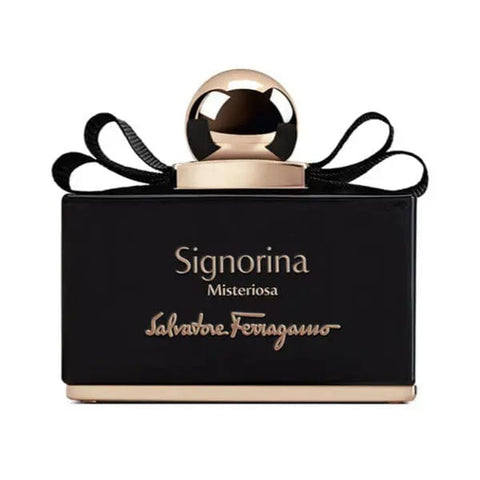 Salvatore Ferragamo Signorina Misteriosa Eau de Parfum spray 100ml, elegant perfume bottle with intricate design, displayed upright.