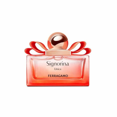 Salvatore Ferragamo Signorina Unica Eau de Parfum spray 100ml, elegant perfume bottle with floral design and gold accents.