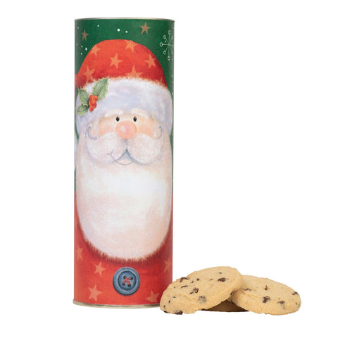 Santa tube of Jag Couture London New York chocolate chip biscuits in festive packaging, VAT free, ideal for holiday treats.