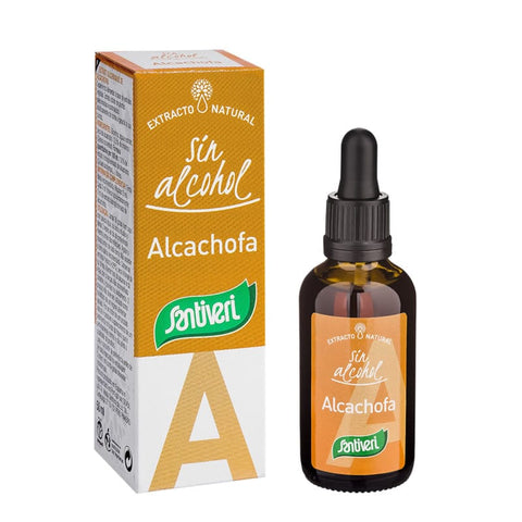Santiveri Artichoke Plant Extract 50ml bottle, natural supplement with fresh artichoke imagery from Jag Couture London New York.
