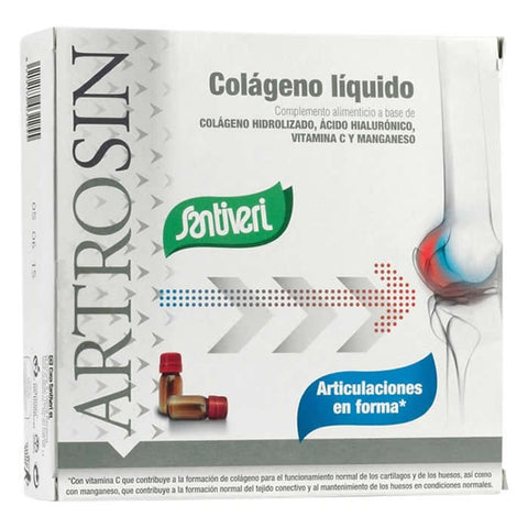Santiveri Artosin Collagen Liquid in a box of 16 vials, featuring clear glass bottles with labels, on a plain background.