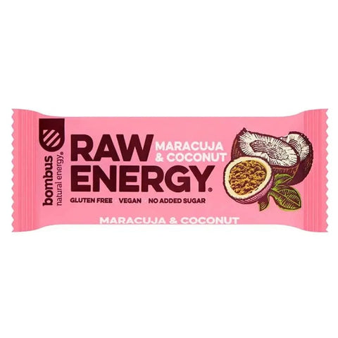 Santiveri Bombus energy bites in passion fruit and coconut flavor, 20 units, with vibrant fruit and coconut pieces visible.
