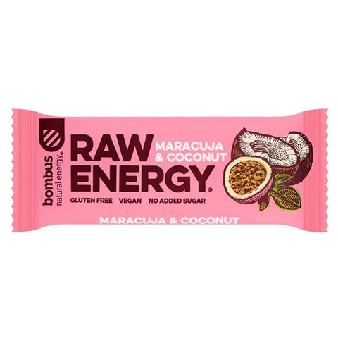 Santiveri Bombus Energy Passion Fruit Coconut energy bars, 20 units, with vibrant passion fruit and coconut flavor in packaging