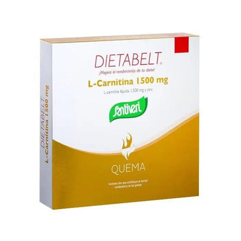 Santiveri Dietabelt L-Carnitine Burn supplement in 10 vials, with orange-tinted liquid and packaging visible.