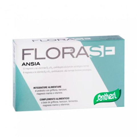 Santiveri Florase Ansia 40 capsules, herbal supplement for anxiety relief, in a clear plastic bottle with label showing capsules