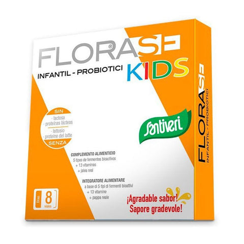 Santiveri Florase Kids 80ml natural herbal supplement bottle, designed for children, with colorful packaging and dropper cap.
