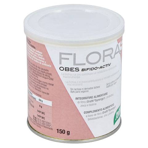 Santiveri Florase Obes Bifido Activ probiotic supplement in 150g jar featuring colorful label and product details.