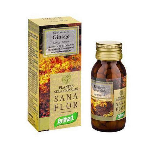 Santiveri Ginkgo Biloba plant tablets displayed in a clear container, showcasing the 27g packaging with tablets inside.