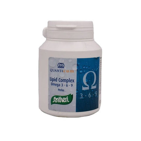 Santiveri Lipid Complex Omega 3-6-9 supplement in 125 pearls, with a close-up of the soft gel capsules on a white background.