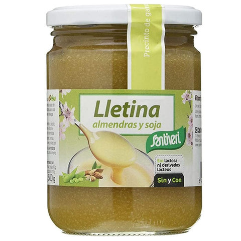 Santiveri Lletina Almond & Soya 500g in a clear plastic container, shown on a neutral background, highlighting the product packaging.