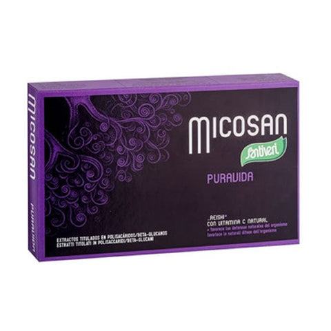 Santiveri Micosan Puravida capsules in a bottle, dietary supplement by Jag Couture London New York, 40 capsules visible.
