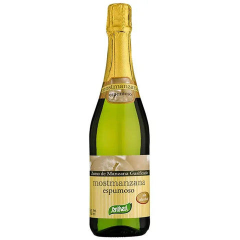 Santiveri Mostmanzana Carbonated drink in a 750ml bottle, showcasing the colorful label and clear carbonated liquid inside.
