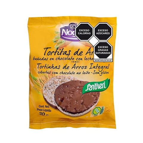 Santiveri Noglut Rice Choco Milk 30g, gluten-free rice snack with chocolate flavor, displayed in a packaging shot.