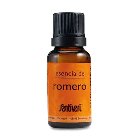 Santiveri Rosemary Essential Oil in a 14ml bottle, shown with aromatic glass bottle and label, by Jag Couture London New York.