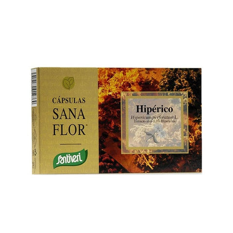 Santiveri Sanaflor Hypéricum herbal supplement in a bottle of 60 capsules, shown with the product label and capsules outside the bottle.