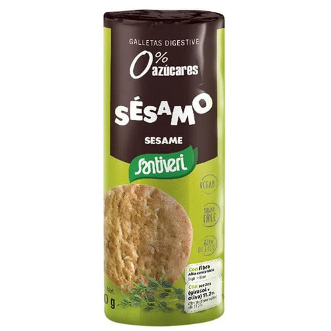 Santiveri sesame crackers in a 190g package with visible sesame seeds and crispy texture, branded by Jag Couture London - New York